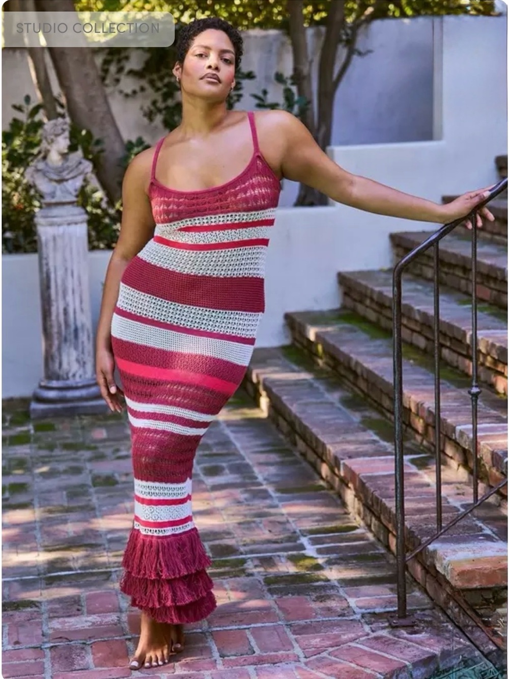 Torrid Studio Collection Red & White Striped Crochet Maxi Dress w/ Fringe Hem
